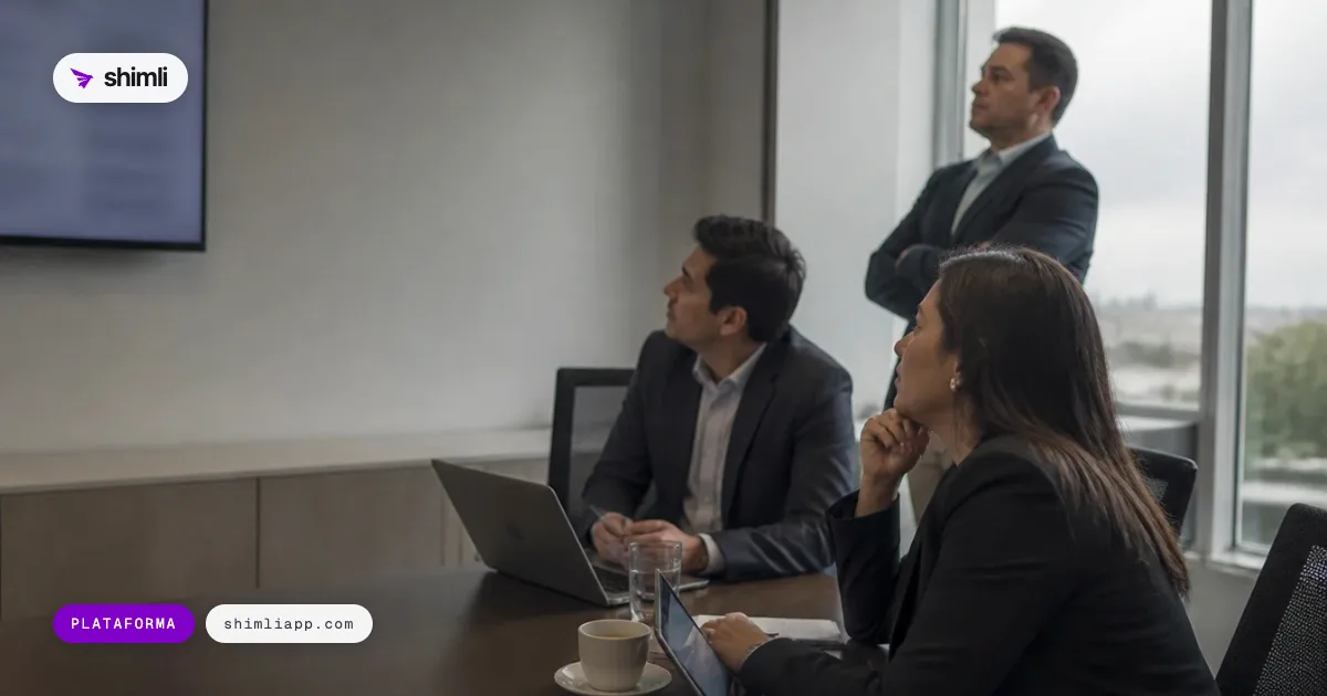 Tres personas discuten frente a una pantalla en una sala de reuniones corporativa