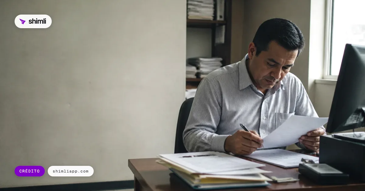 Un analista de crédito revisa un expediente en papel sobre su escritorio en una oficina bancaria