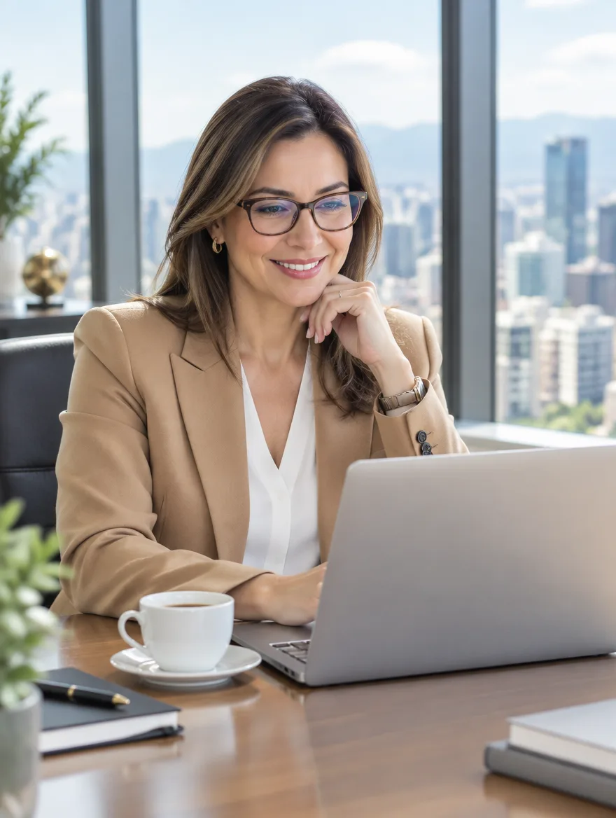 Una directora financiera revisa su correo en la laptop, en una oficina con vista a la ciudad