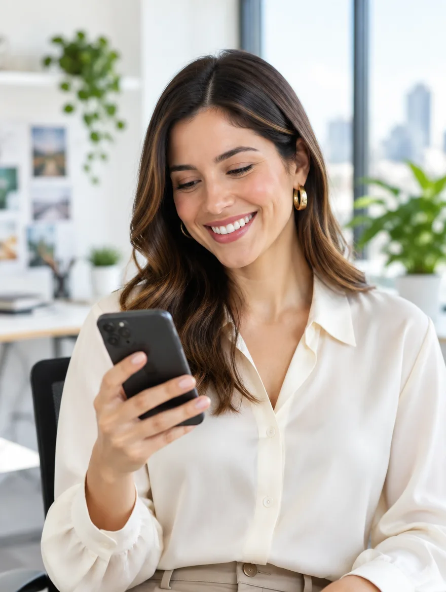 Una gerente de marketing sonríe al leer un mensaje en su teléfono, en una oficina luminosa