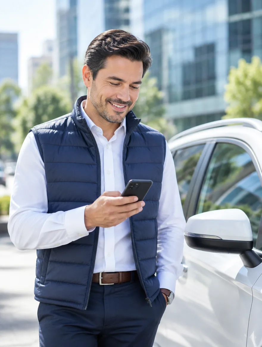 Un ejecutivo comercial revisa un mensaje en su teléfono junto a su auto, en una calle de oficinas