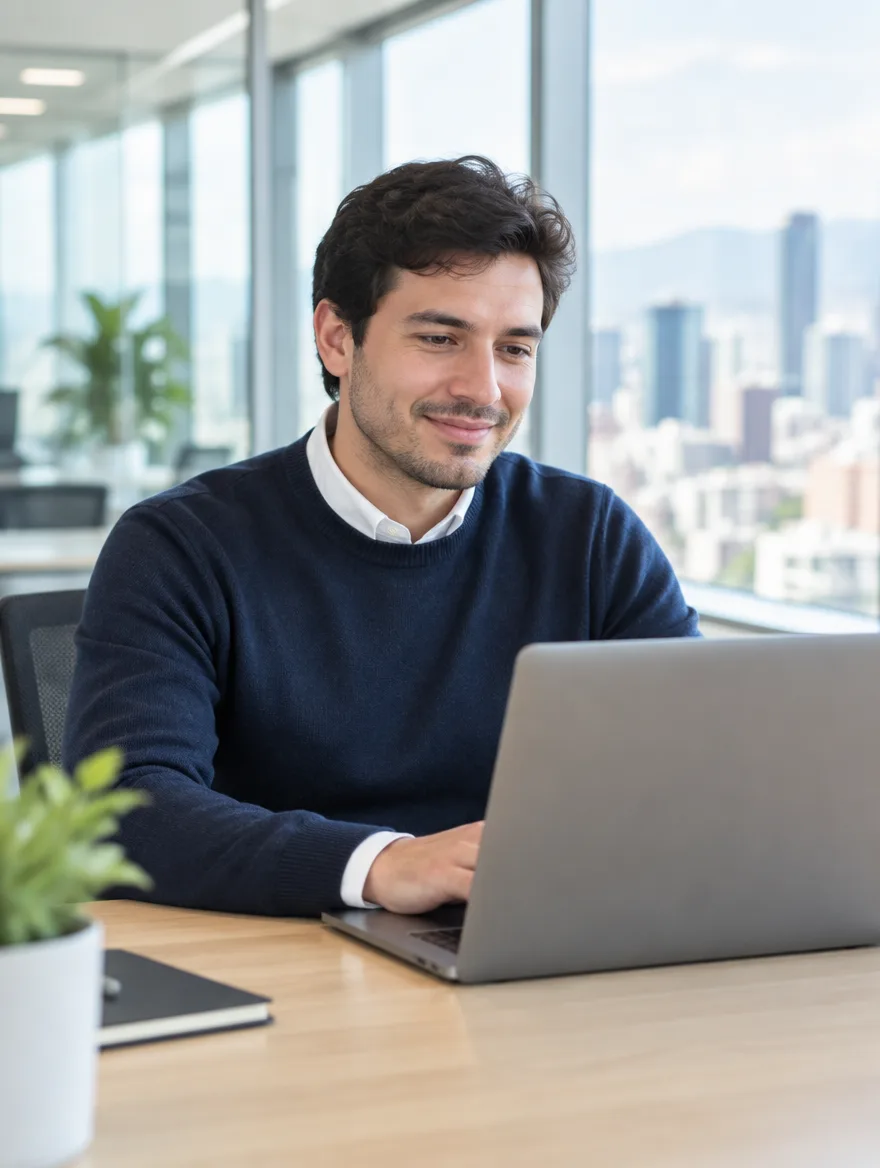 Un gerente de producto trabaja en su laptop en una oficina moderna con vista a la ciudad