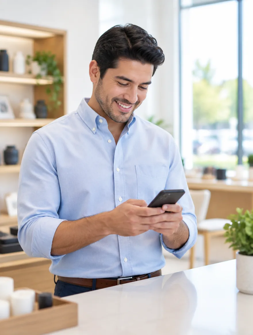 Un empresario sonríe mientras responde a un cliente desde su teléfono, en el mostrador de un showroom luminoso