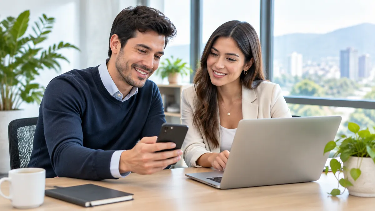 Dos colegas revisan juntos un teléfono y una laptop en una oficina luminosa