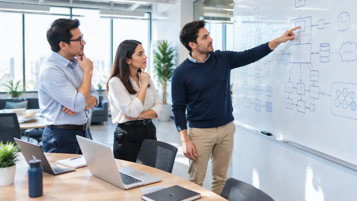Un equipo de ingenieros discute un diagrama en una pizarra, en una oficina luminosa