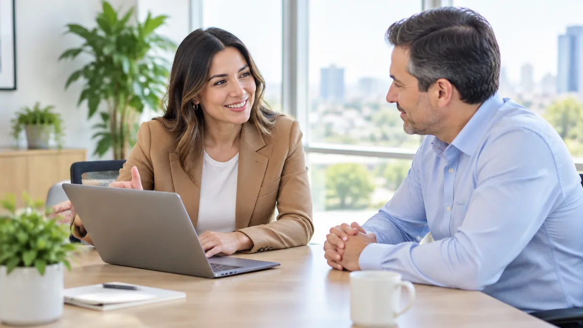 Una consultora presenta una propuesta en su laptop a un cliente, en una oficina luminosa